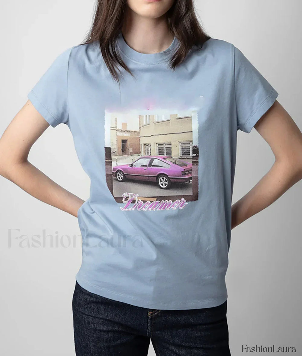 Car Printed T Shirt Gray Blue / S