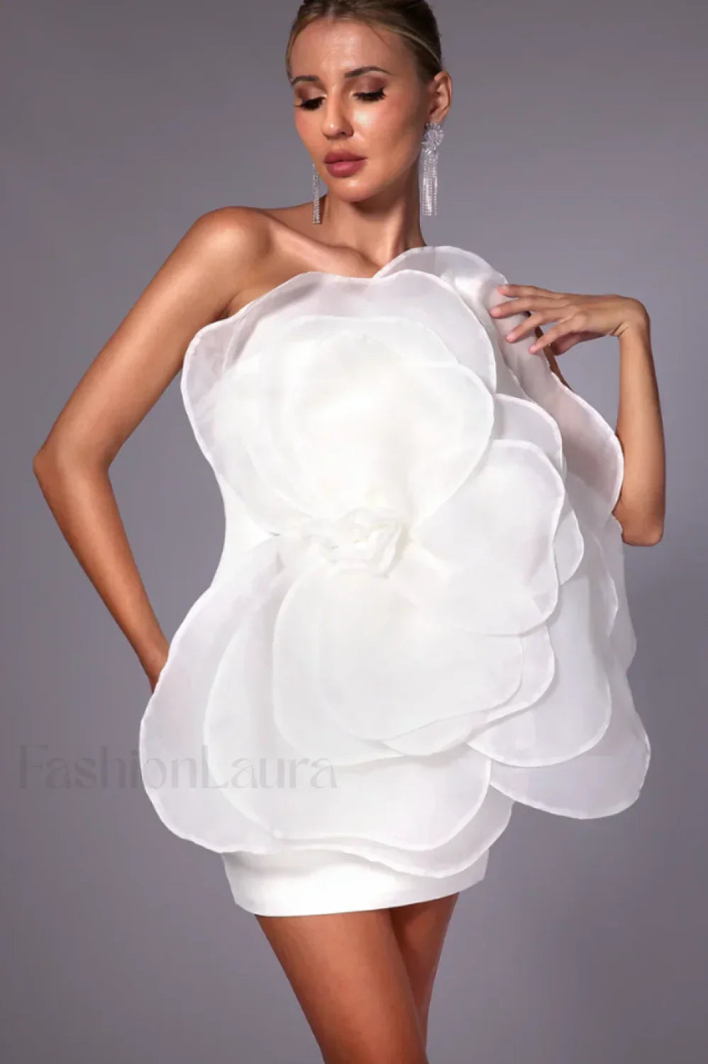 Carina One Shoulder Charming 3D Floral Dress S / White