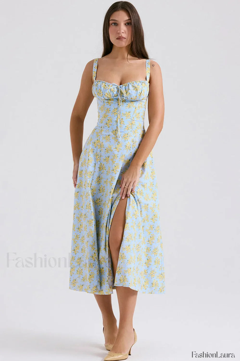 Carmen Elegant Bustier Sundress XS / Soft Blue Vintage Floral Print