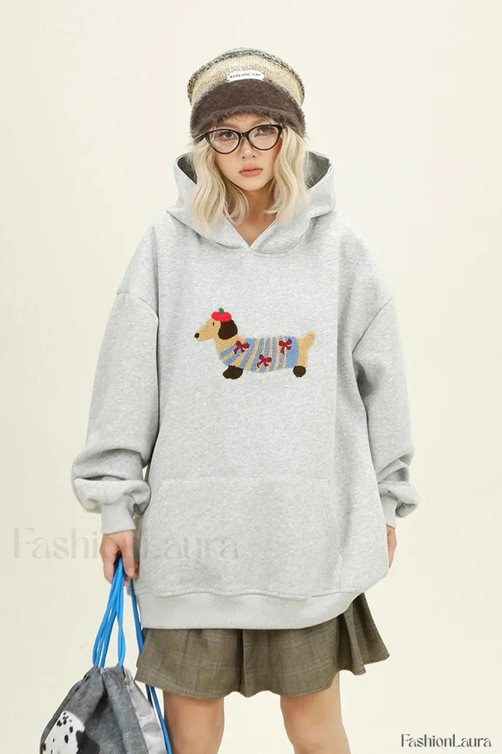 Cartoon Dog Embroidery Hooded Sweatshirt