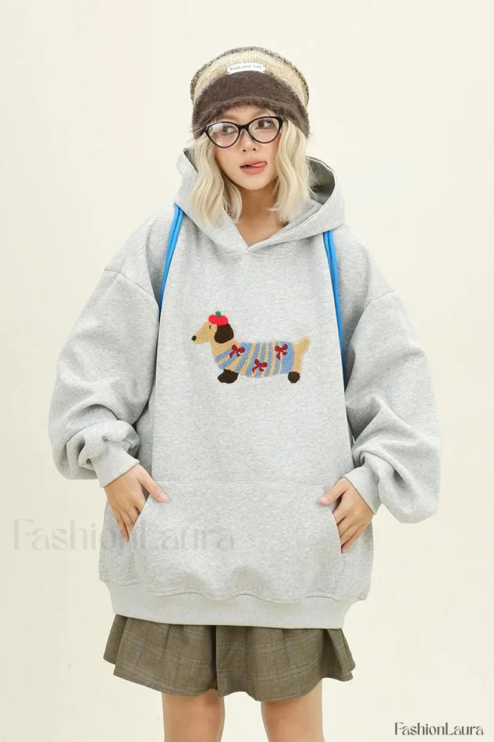 Cartoon Dog Embroidery Hooded Sweatshirt Grey / S