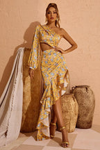 Cassidy One Shoulder Charming Floral Maxi Dress S / Yellow