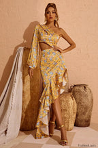 Cassidy One Shoulder Charming Floral Maxi Dress S / Yellow