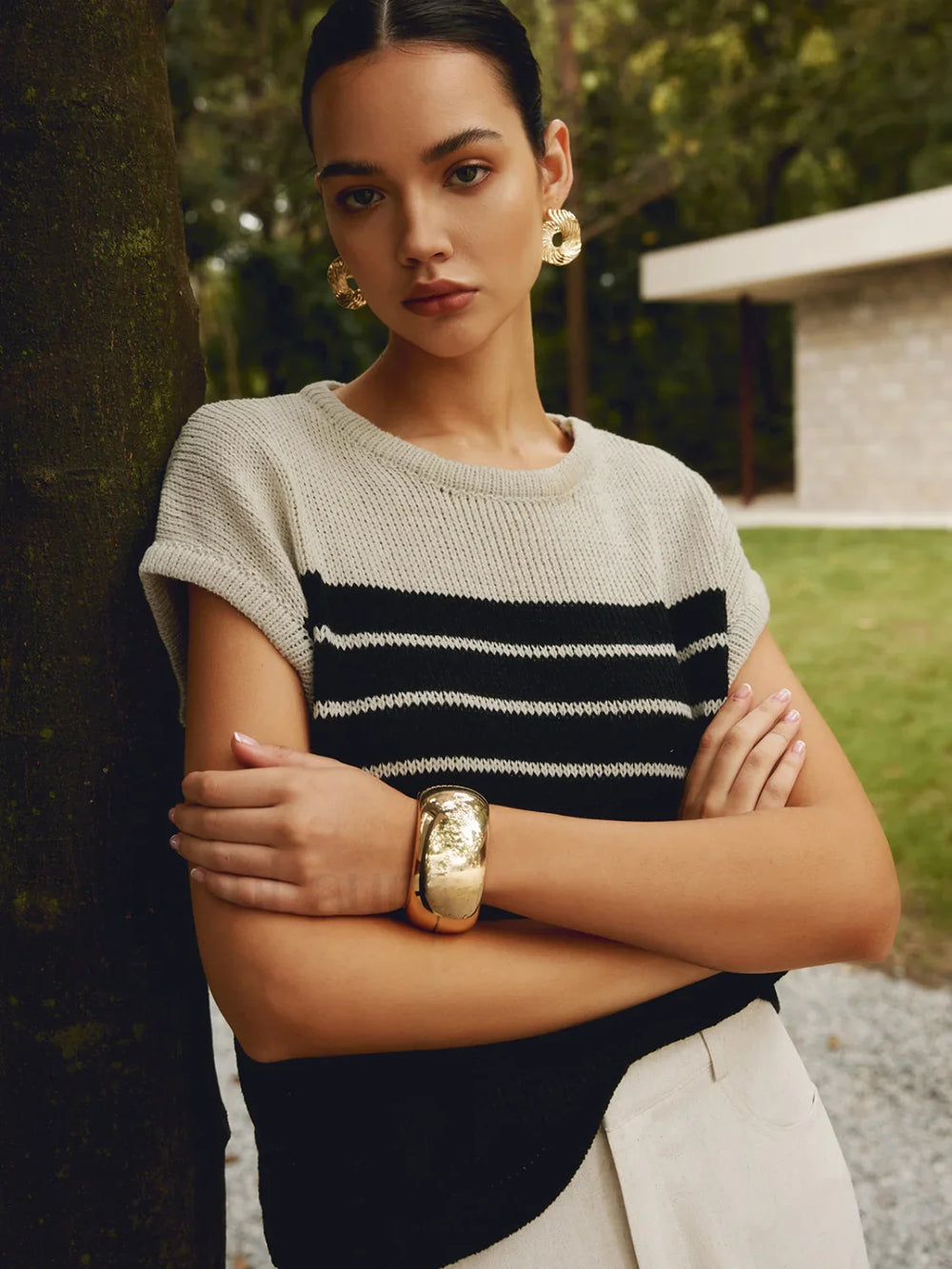 Casual Cotton Blends Trendy Striped Knit Top Sweaters L