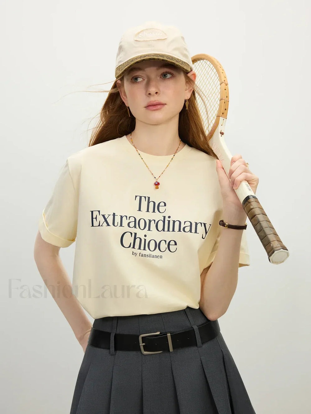 Casual Letter Round Neck Short T Shirt Beige / XS