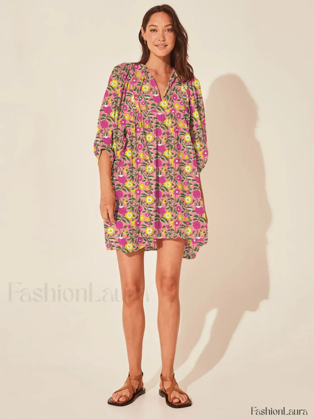 Casual Loose Floral Print Spring/Summer Women’s 2024 New Lantern Sleeves Lace up V neck Mini Dress Coral / S