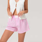 Casual Plaid Button Contrast Color Elastic Waist Summer Short