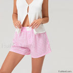 Casual Plaid Button Contrast Color Elastic Waist Summer Short