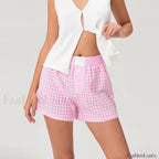 Casual Plaid Button Contrast Color Elastic Waist Summer Short Pink / S