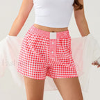 Casual Plaid Button Contrast Color Elastic Waist Summer Short Red / S