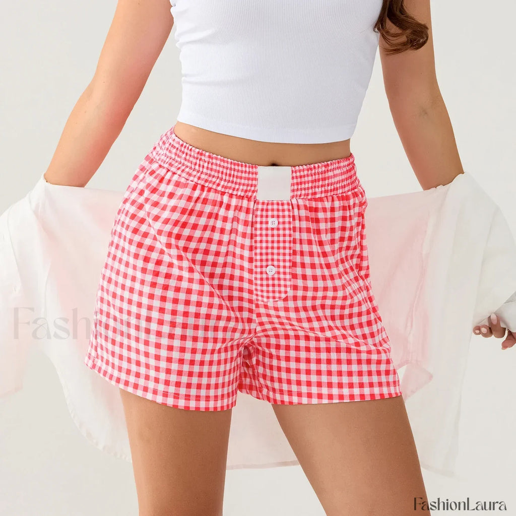 Casual Plaid Button Contrast Color Elastic Waist Summer Short Red / S
