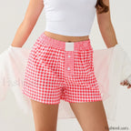 Casual Plaid Button Contrast Color Elastic Waist Summer Short Red / S