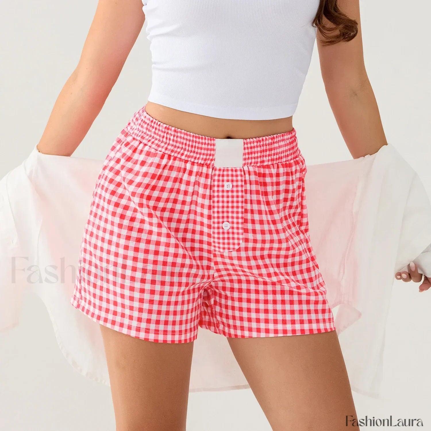 Casual Plaid Button Contrast Color Elastic Waist Summer Short Red / S