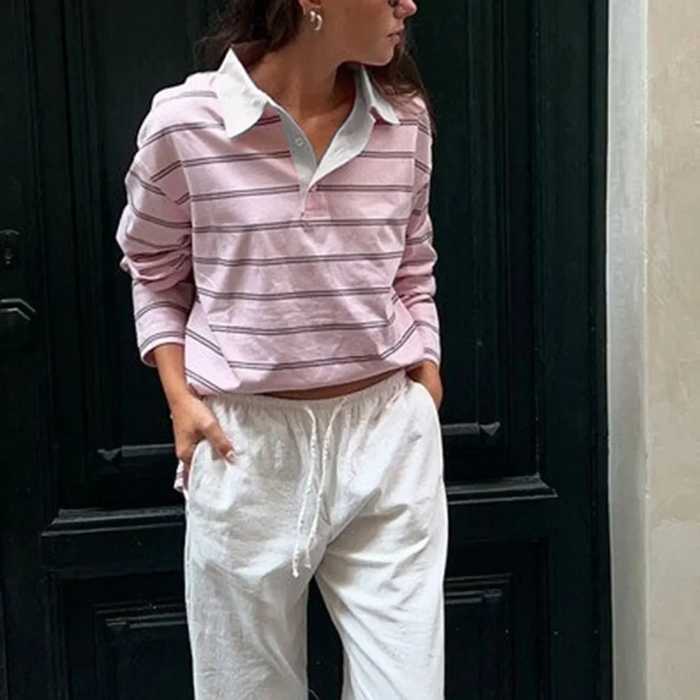 Casual Striped Long Sleeve T Shirt Pink / S