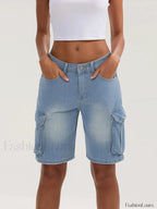 Casual Summer Denim Mid Rise Button Jeans Short SKY BLUE / S
