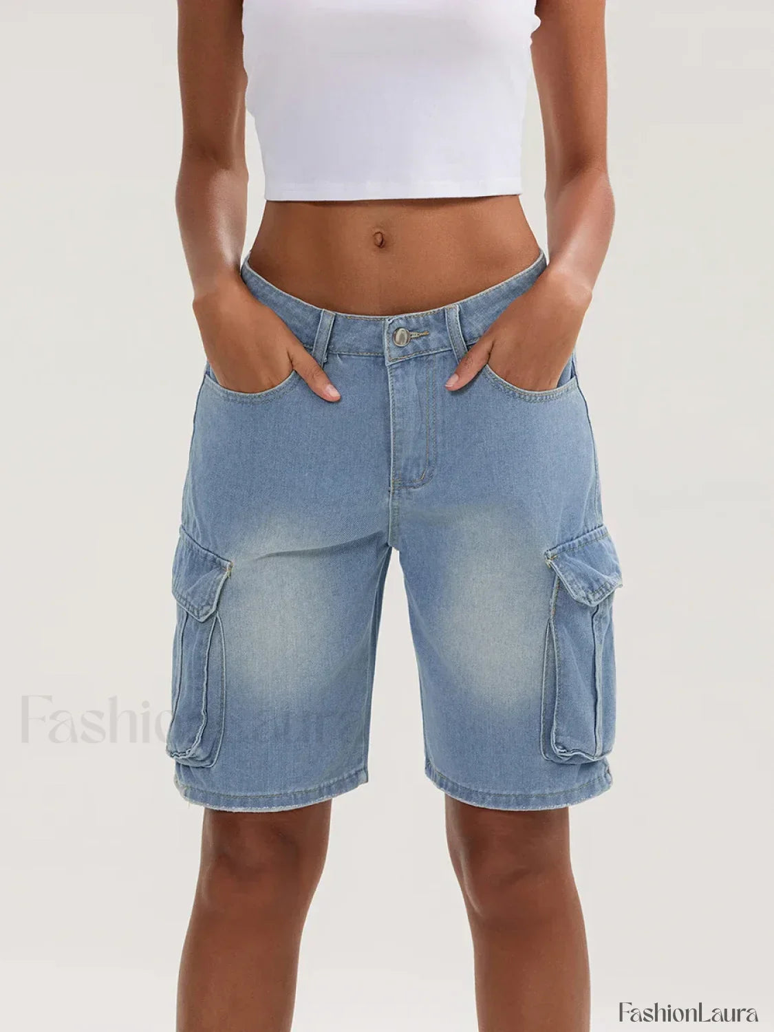 Casual Summer Denim Mid Rise Button Jeans Short SKY BLUE / S