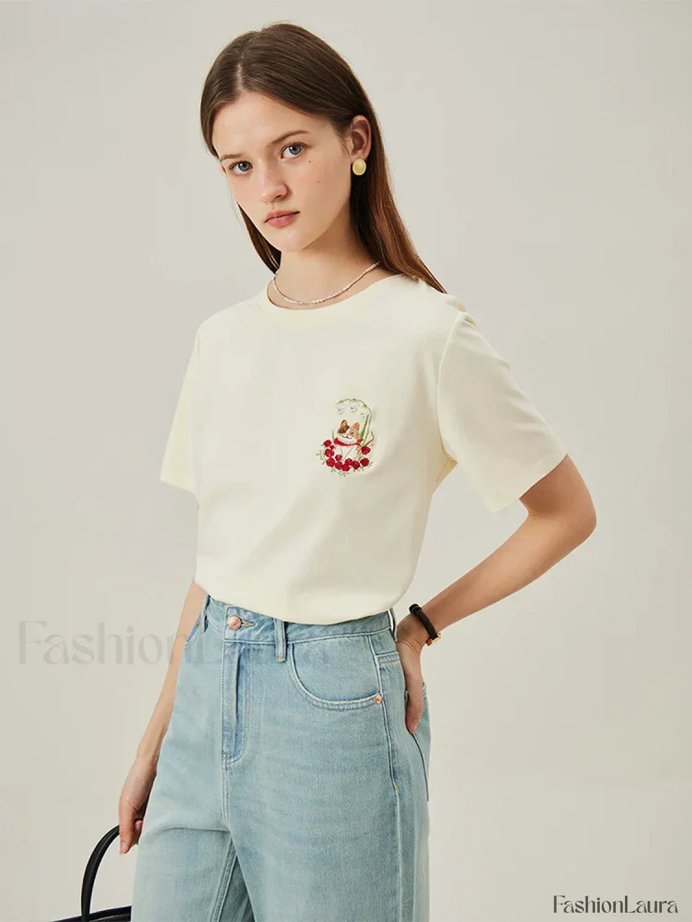 Cat Embroidered Korean Loose T Shirt Beige / XS