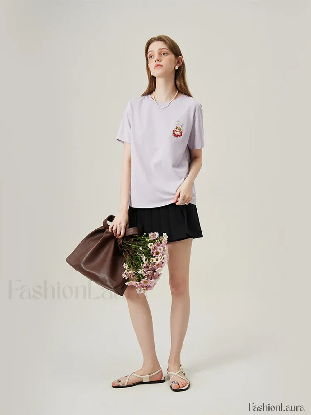 Cat Embroidered Korean Loose T Shirt PURPLE / XS