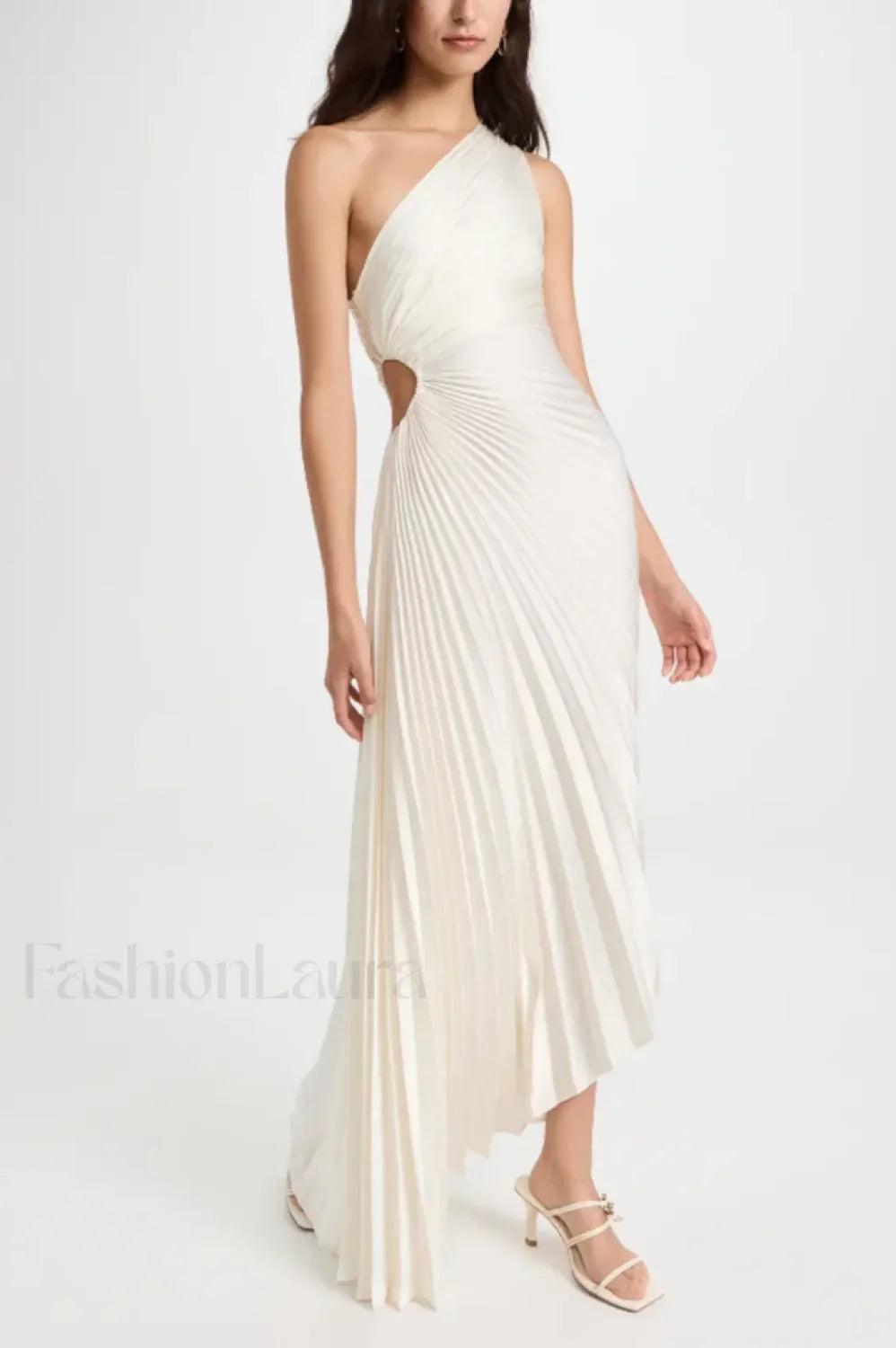 Catalina One Shoulder Charming Pleated Satin Dress M / Ivory
