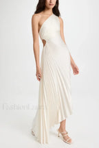 Catalina One Shoulder Charming Pleated Satin Dress M / Ivory
