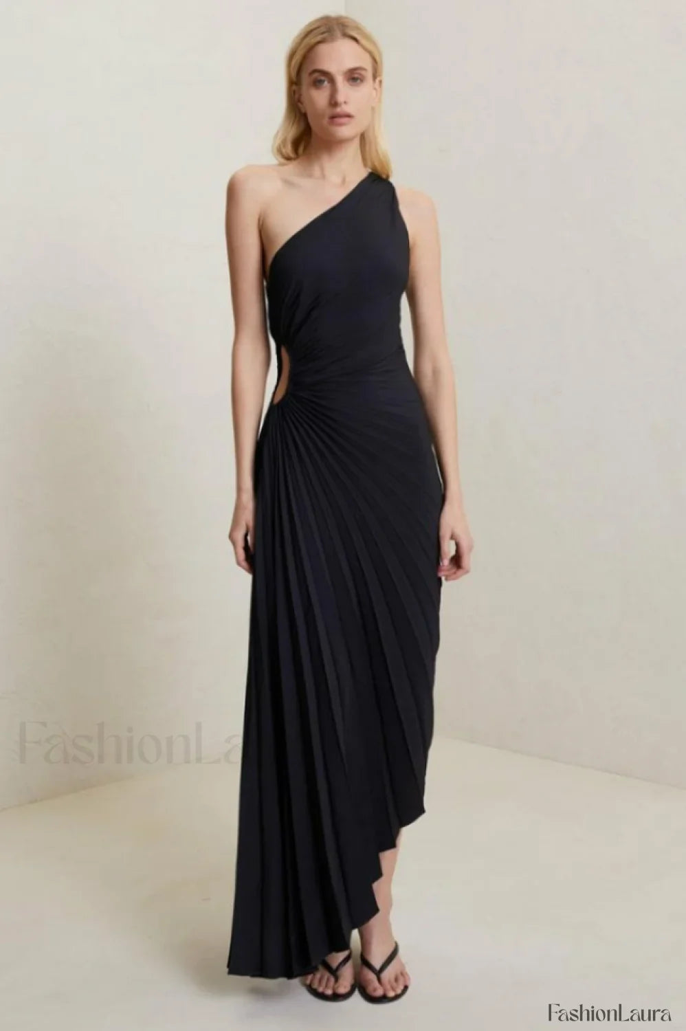 Catalina One Shoulder Charming Pleated Satin Dress XS / Black