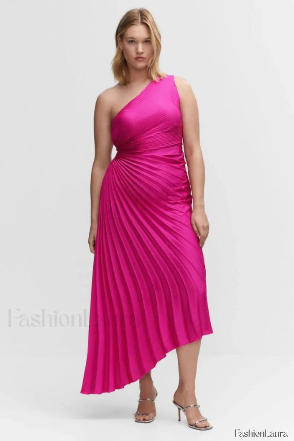 Catalina One Shoulder Charming Pleated Satin Dress XS / Fuchsia
