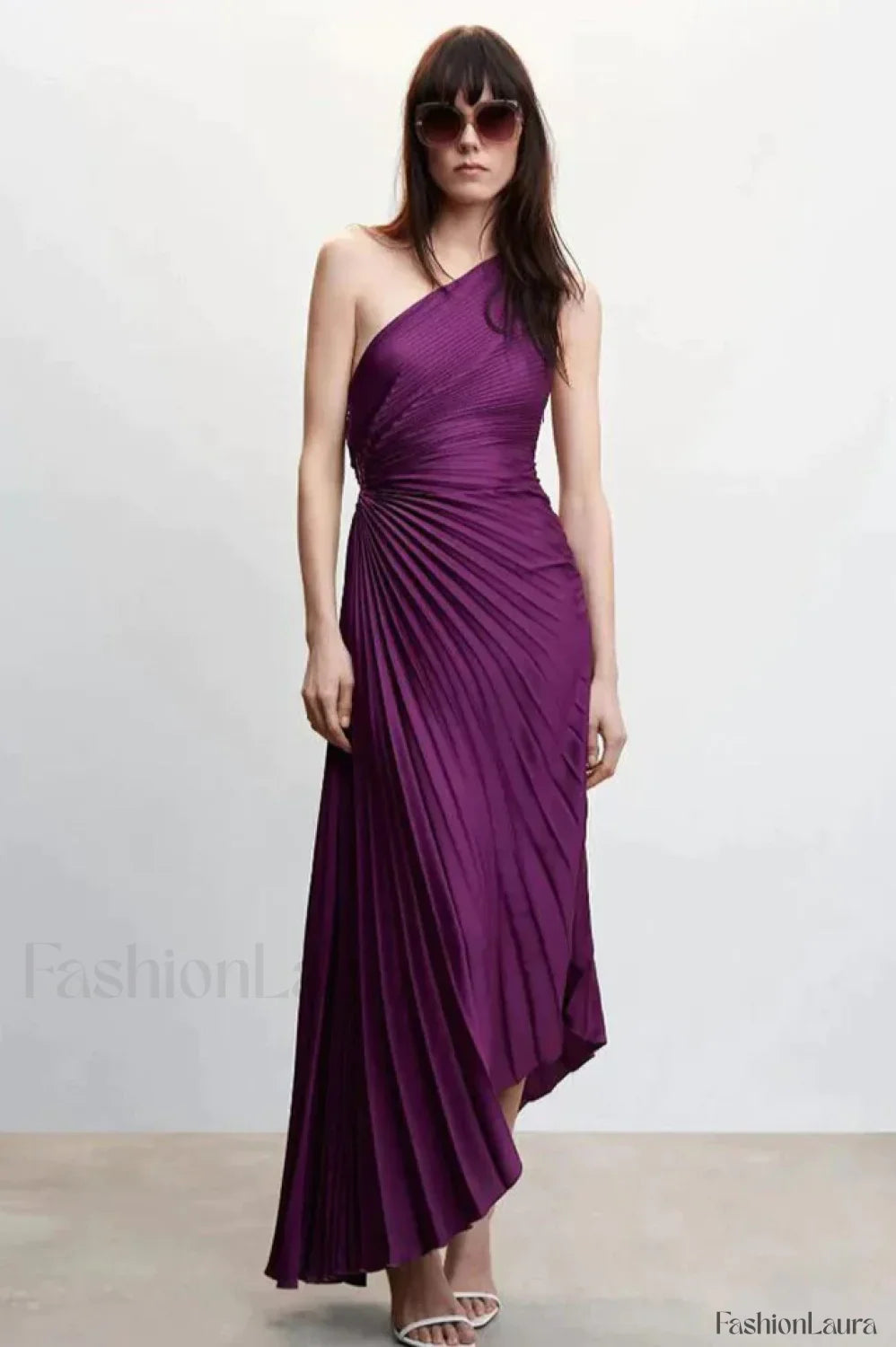 Catalina One Shoulder Charming Pleated Satin Dress XS / Grapefruit