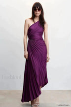 Catalina One Shoulder Charming Pleated Satin Dress XS / Grapefruit