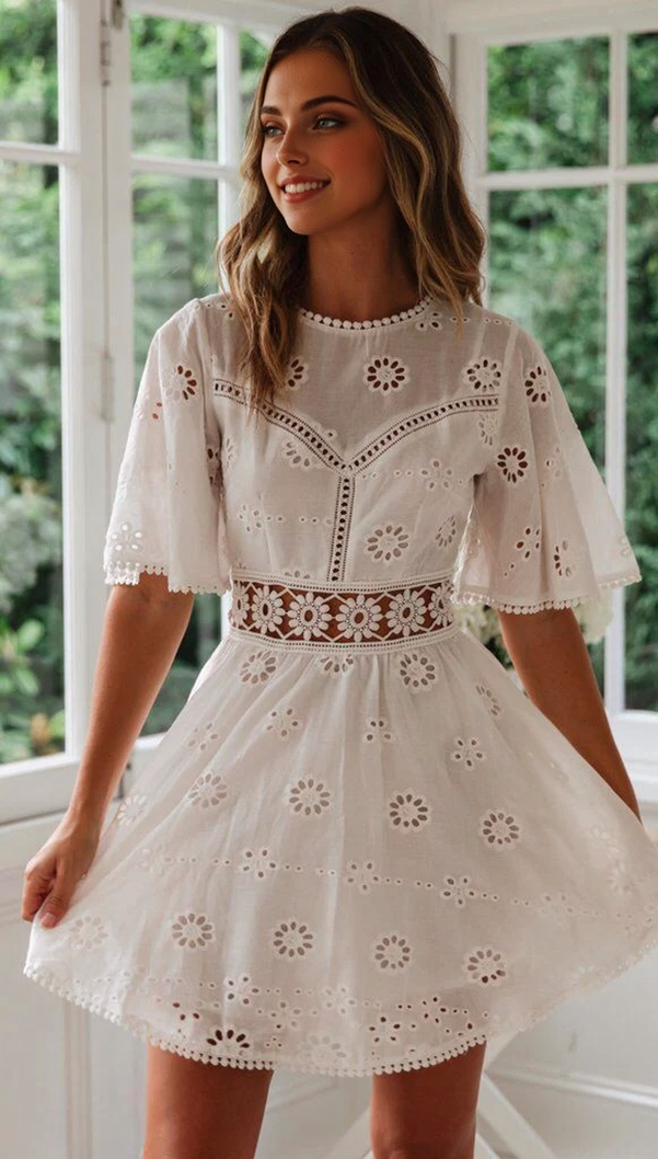 JuliaFashion - White Lace Floral Embroidery Short Sleeve Mini Dress