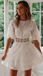 JuliaFashion - White Lace Floral Embroidery Short Sleeve Mini Dress