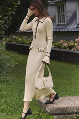 Ruffled Knit Collared Fitted Sweater Dress