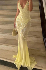 Sequin Mermaid V Neck Maxi Dress S / Yellow