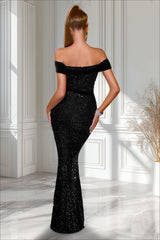 Sequin Off Shoulder Slit Formal Dress S / Black