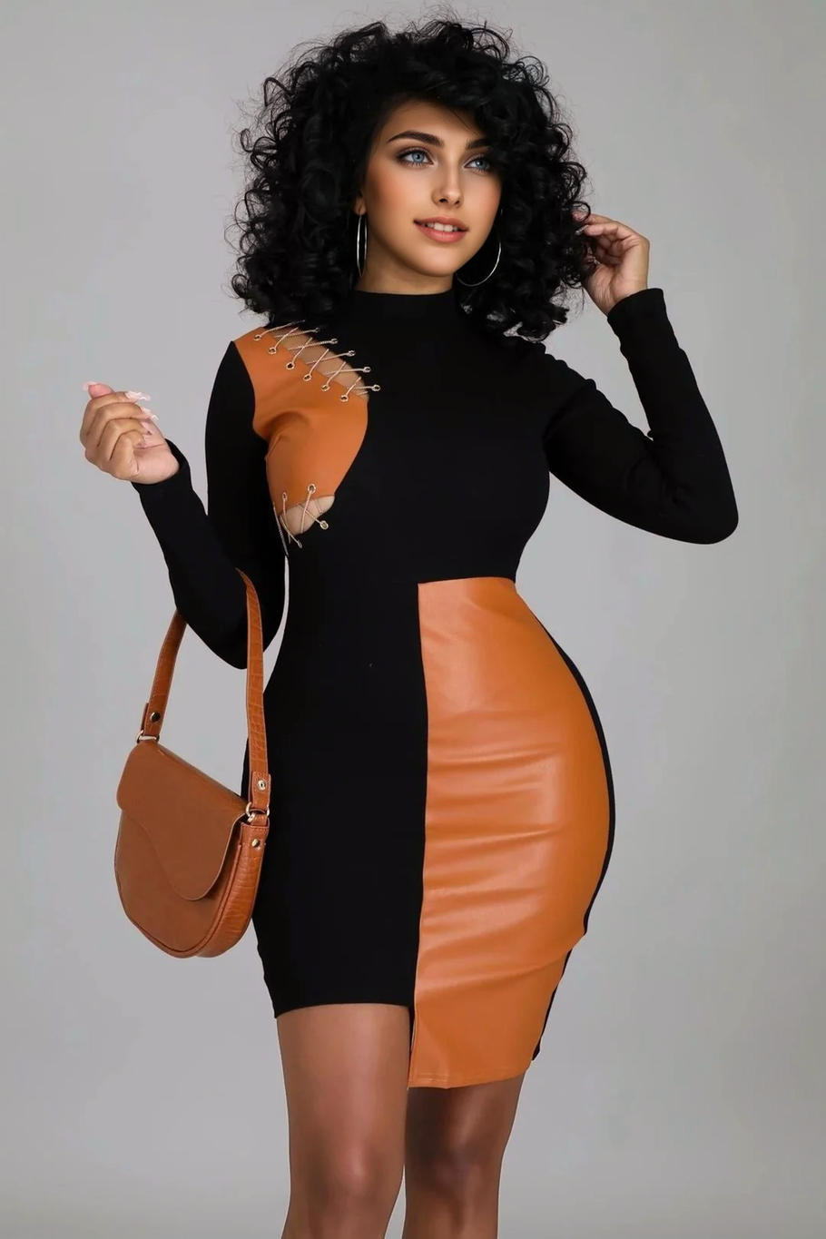 Julia Fashion - Women PU Eyelet Patchwork Color Blocking Mini Dress