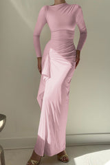 Slim Fit Pleated Long Sleeve Maxi Dress S / Pink