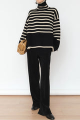 Striped High Neck Oversized Knit Sweater