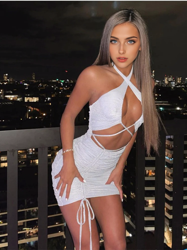 Julia Fashion - Sexy Cross Halter Backless Cut Out Bodycon Mini Dress