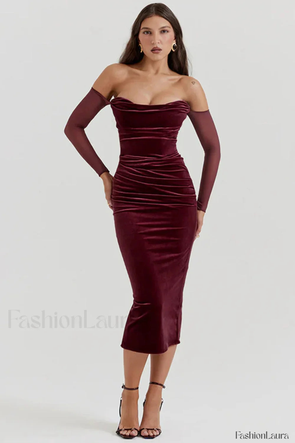 Celebrity Temperament Sexy Suede Shrinkle Shoulder Maxi Dress