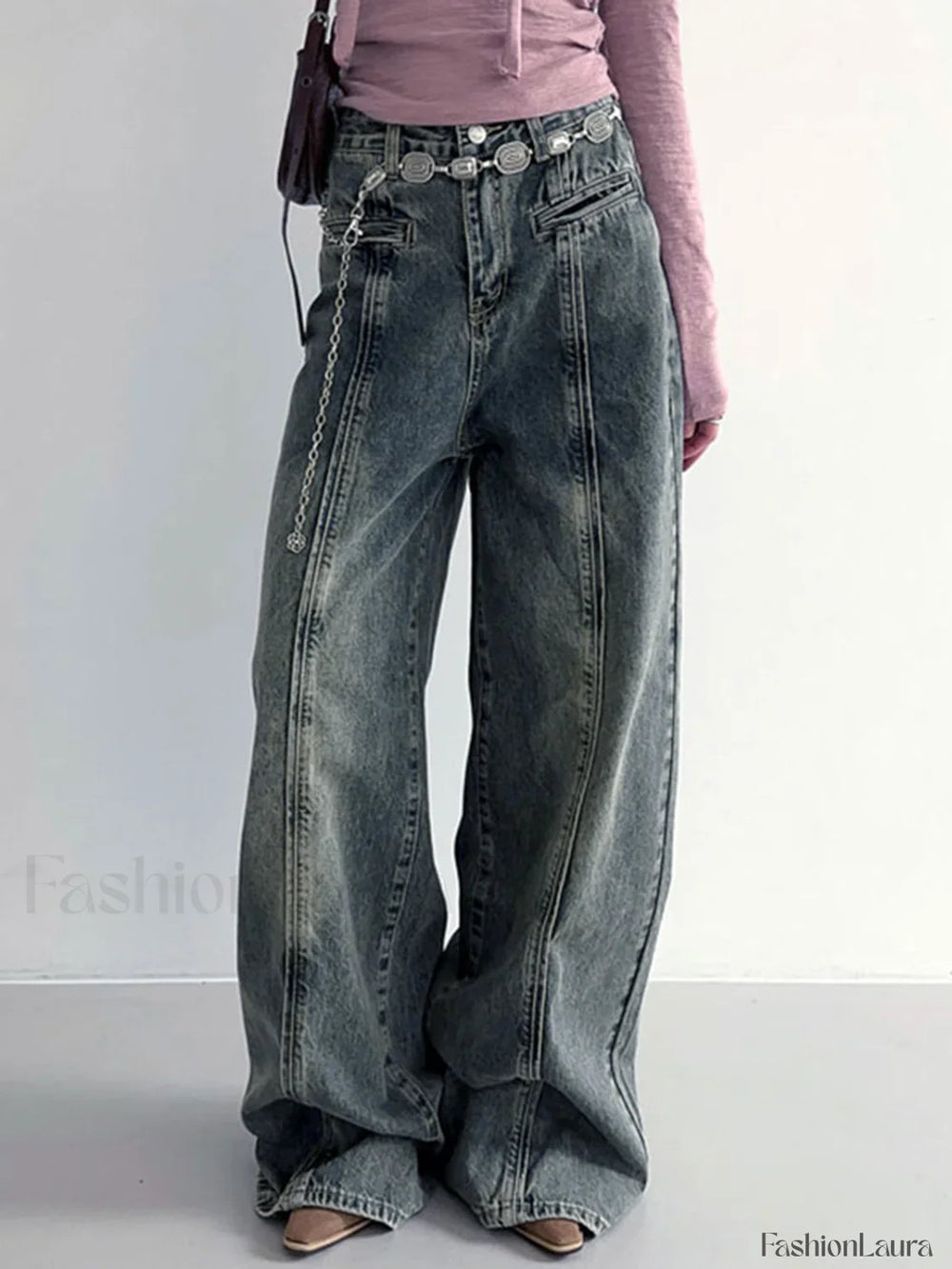 Center Stripe Wide Trendy Leg Jeans Without Belt Jeans