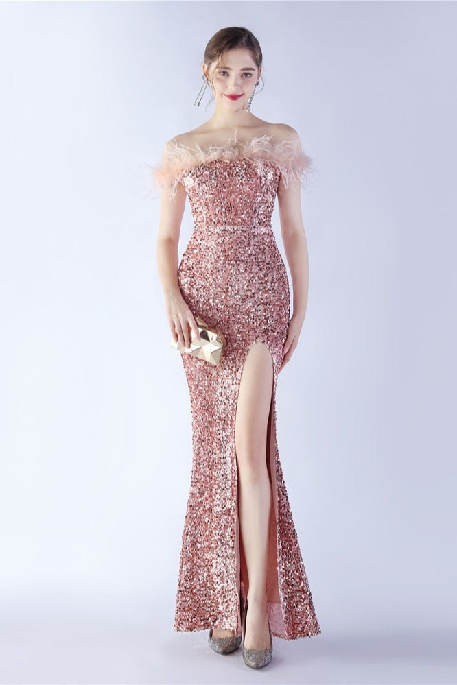 Velvet Sequin Ostrich Feather Off Shoulder Formal Dress