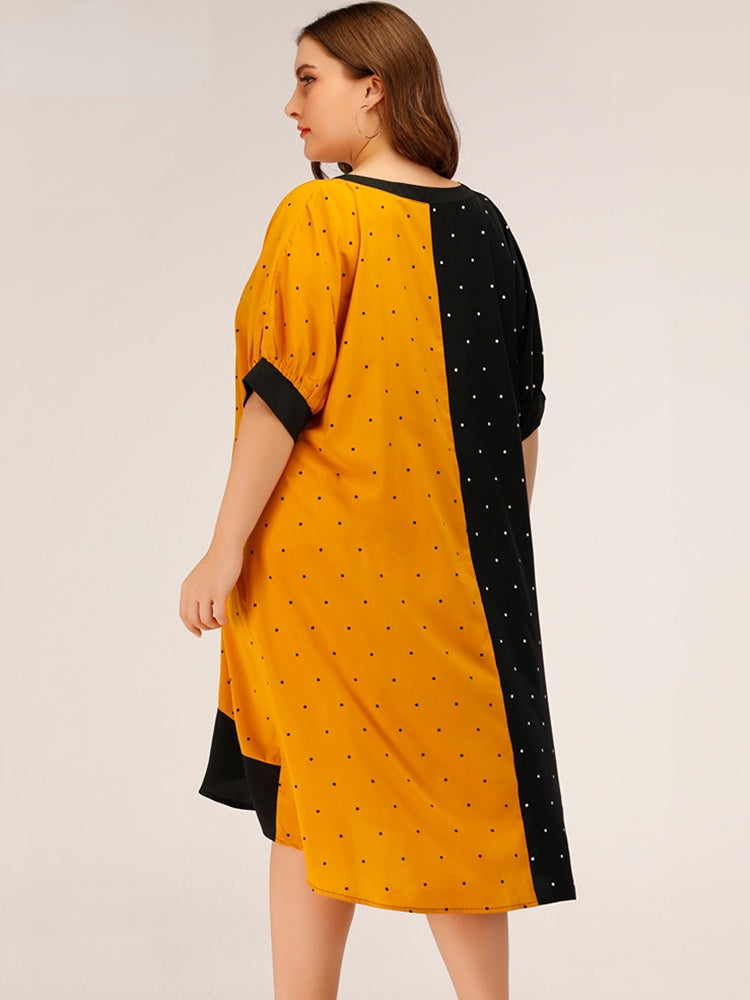 JuliaFashion-Contrast Color Round Neck Dot Ruffle Hem Dresses