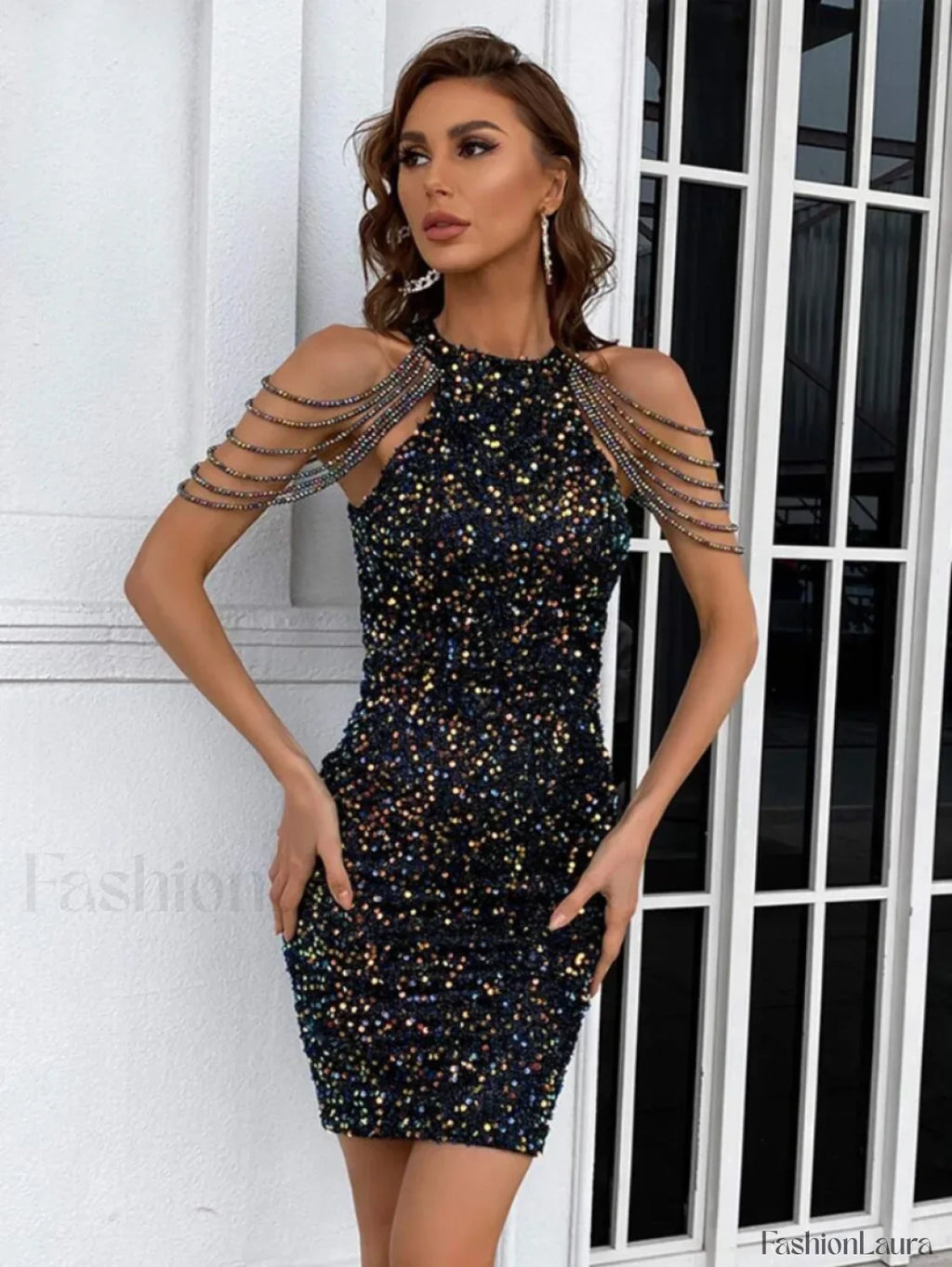 Chain Detail Stylish Sequin Bodycon Dress