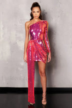 Chala One Shoulder Charming Sequin Mini Dress S / Hot Pink