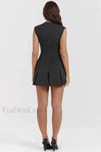 Charcoal Gray Stylish Pleated Belted Dress