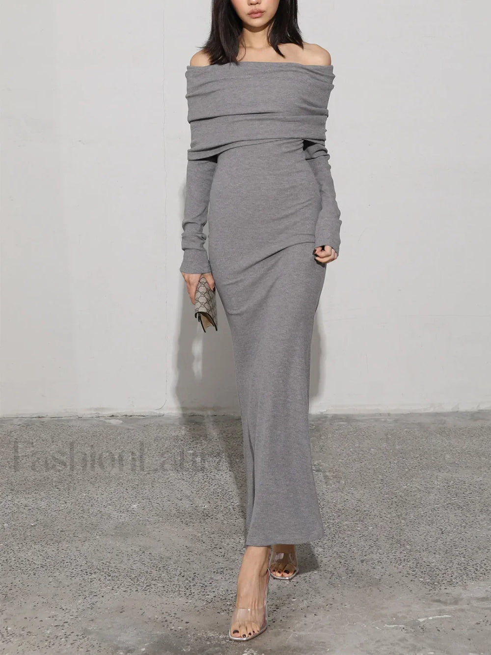 Charcoal Off Shoulder Overfold Modern Long Sleeve Long Dress Grey / XS Knit Dresses