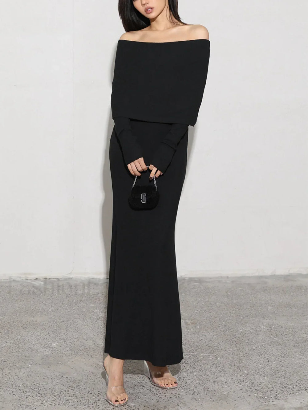 Charcoal Off Shoulder Overfold Modern Long Sleeve Long Dress Knit Dresses