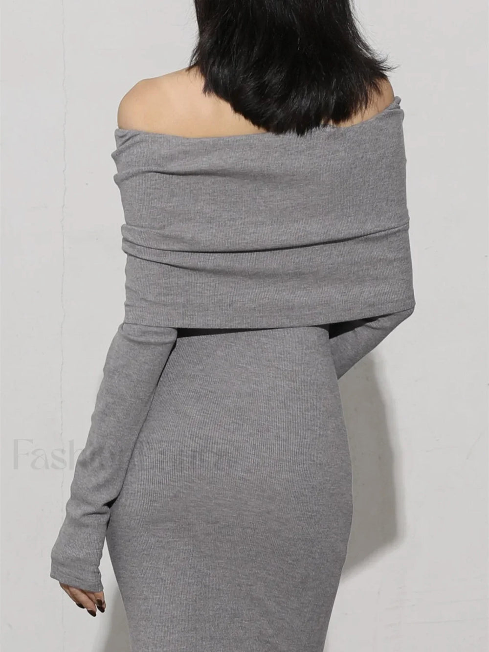 Charcoal Off Shoulder Overfold Modern Long Sleeve Long Dress Knit Dresses