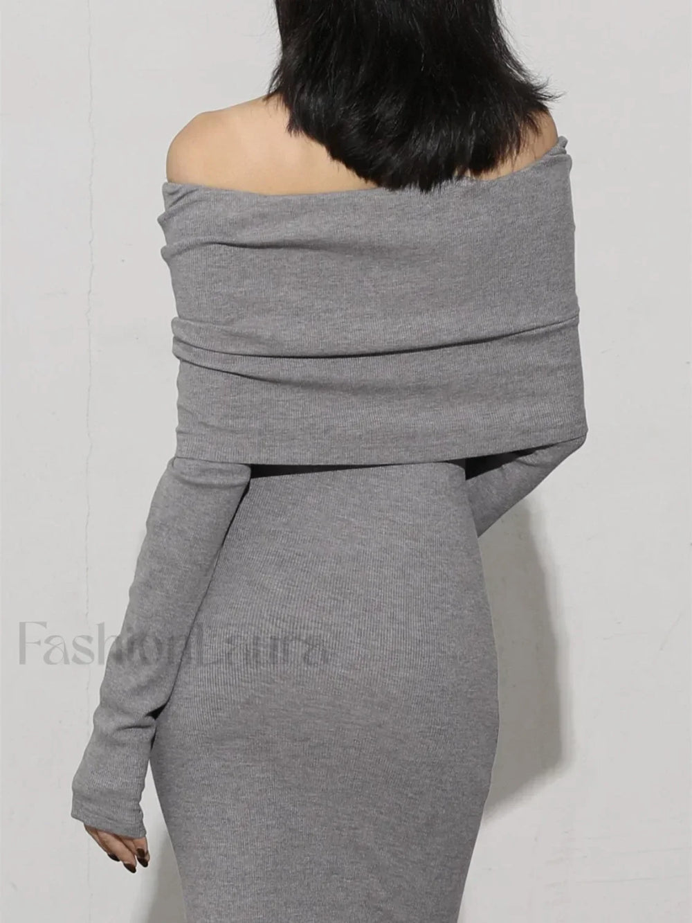 Charcoal Off Shoulder Overfold Modern Long Sleeve Long Dress Knit Dresses