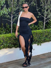 Charming Elegant Ruffles Summer Straps Sleeveless Evening Party Maxi Dress Black / S