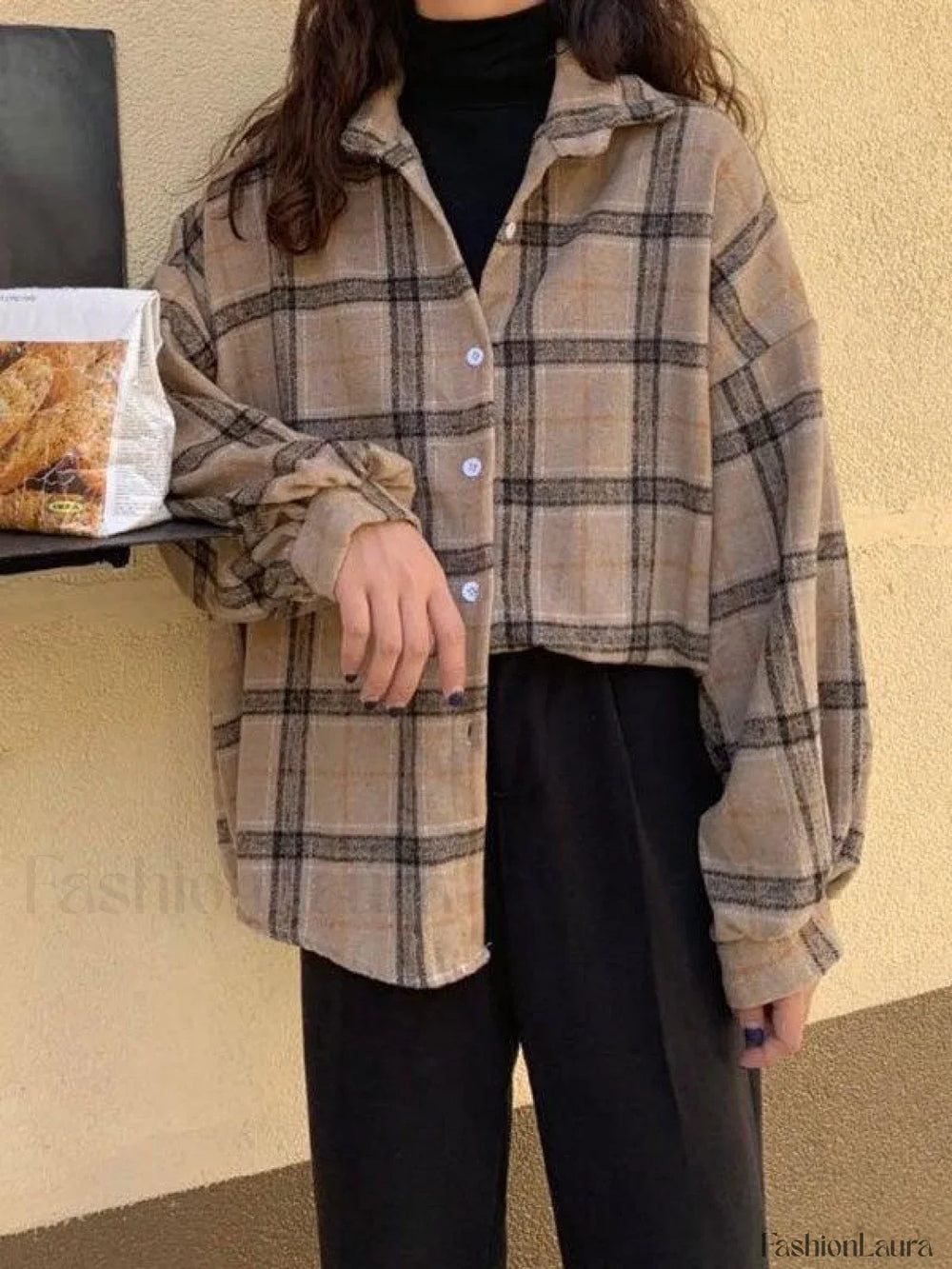 Checkered Print Button Blouse Khaki / S Shirts